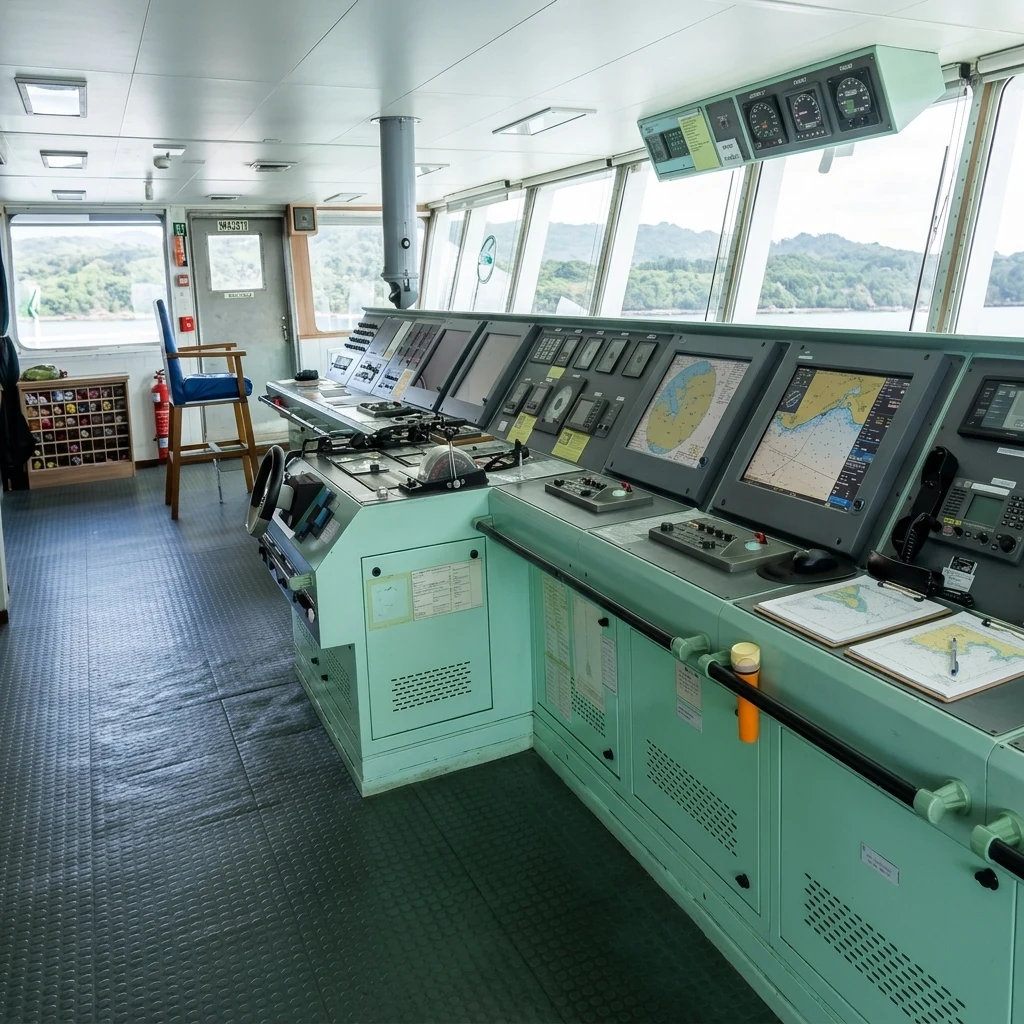 Navigation bridge with electronic charts and vessel controls